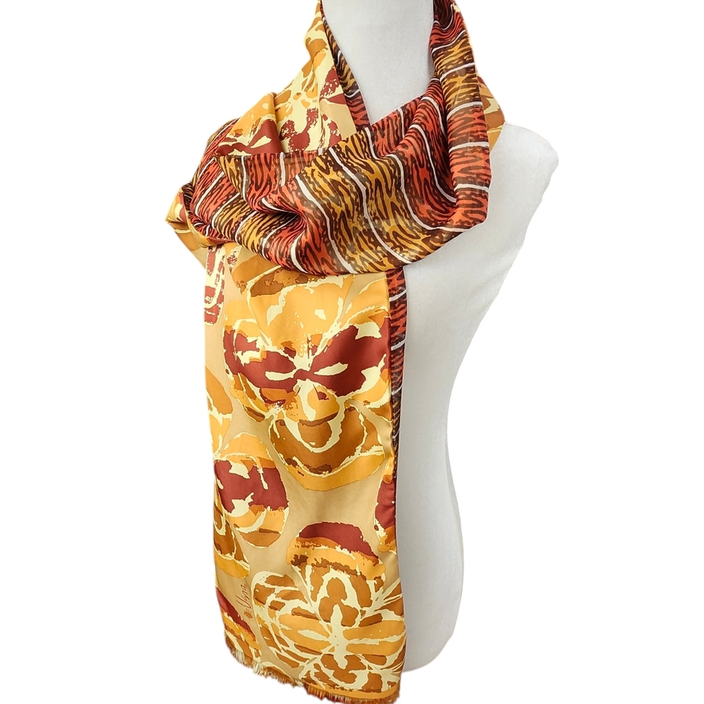 Vintage Vera Ladybug Silk Double Sided Long Scarf Orange Flowers earth tโฆ